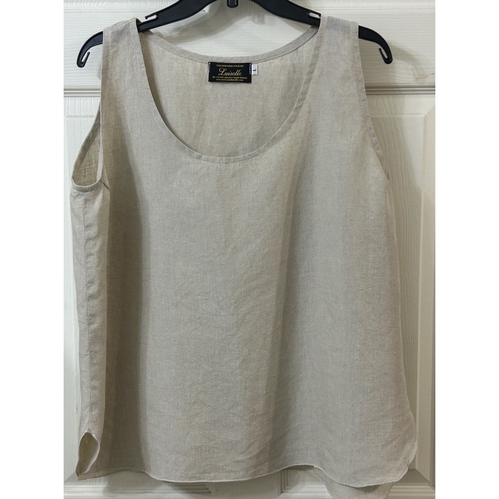 Luiselle 100% Linen LG Sleeveless Tank Curved Hem Made In Italy Light Brown EUC